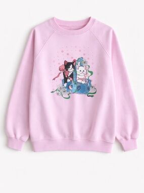 Vintage 80s Pink Kitten Graphic Sweatshirt Woman Medium Cottagecore Cat Kawaii